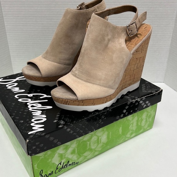Sam Edelman KENYA Taupe Leather Slides with Cork Wedge Heels Size 9.5 - Picture 1 of 10